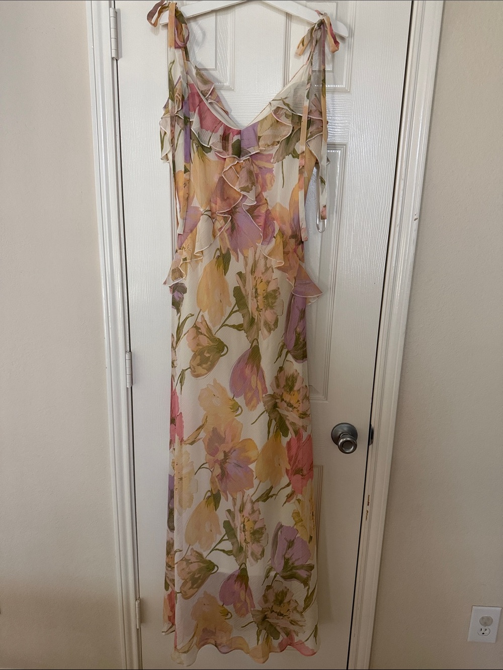 Floral Ruffle Tie-Shoulder Maxi Dress — Pastel Multi